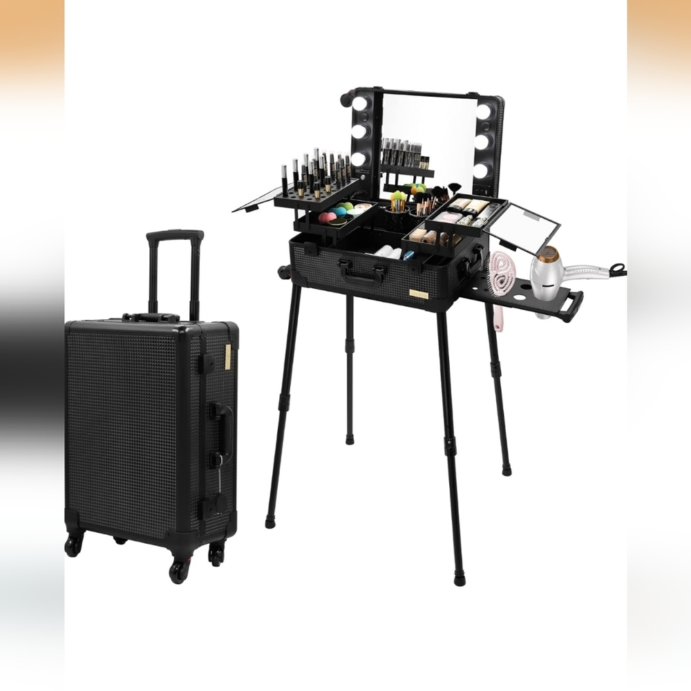 Portable Luggage Rolling Vanity Black Makeup Trolley W/ Mirror & Lights (NWOT)✨️